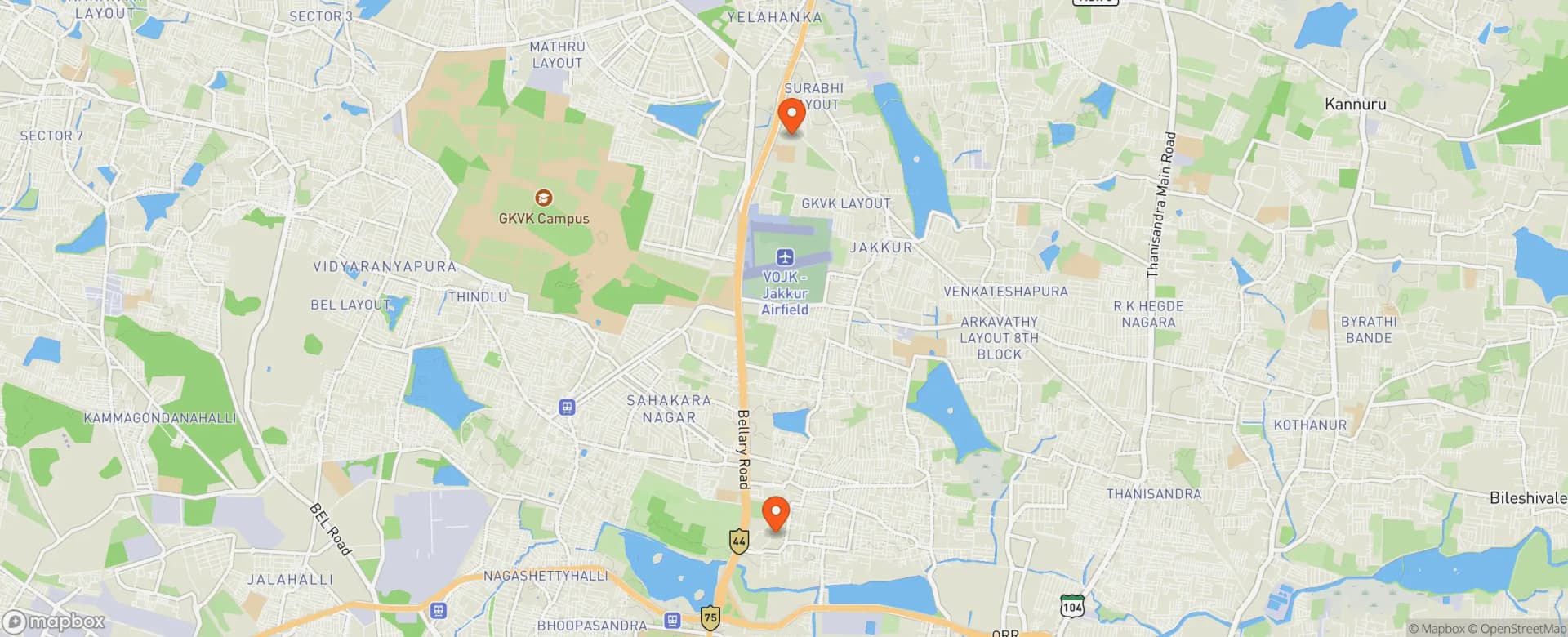 Hebbal–Jakkur map with 2 covered projects pinned