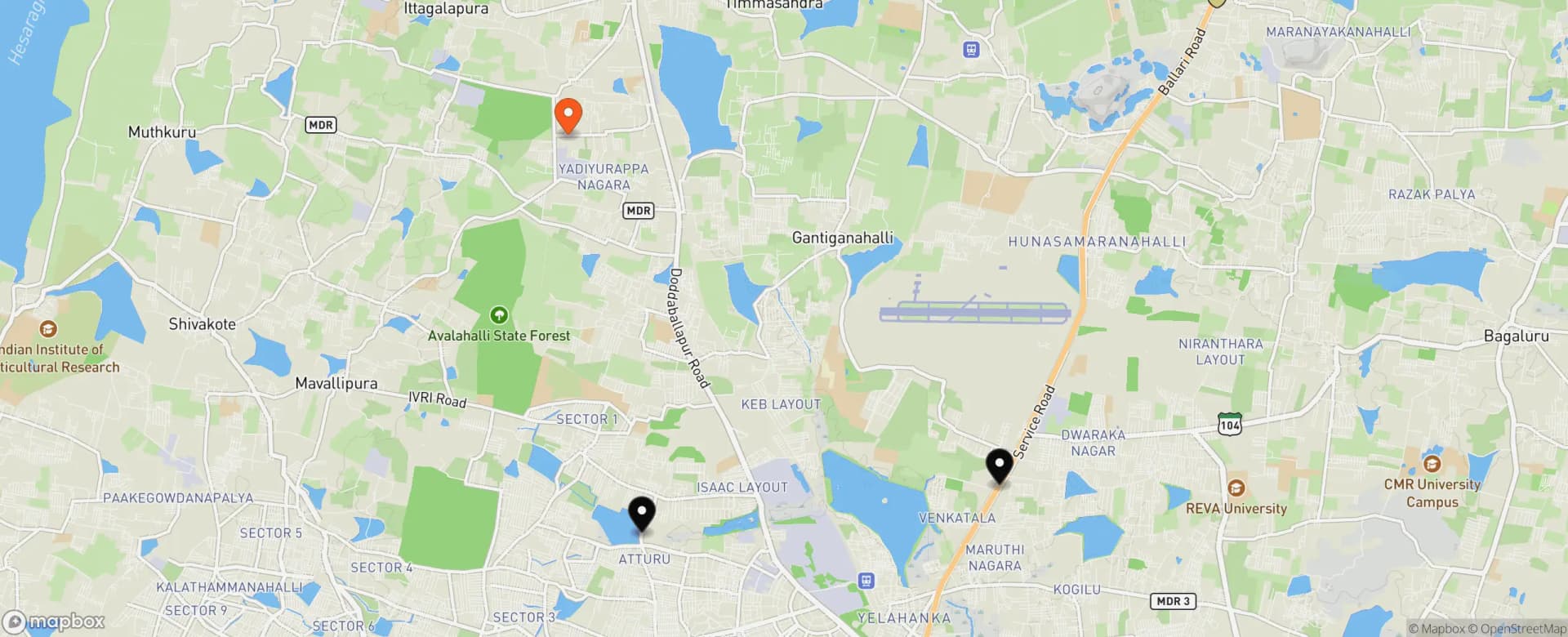 Yelahanka map with 3 covered projects pinned